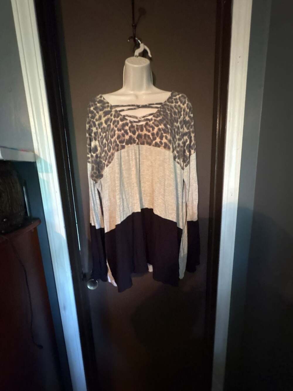 Heimish U.S.A. Leopard Print Colorblock Lace-Up Long Sleeve Top 2X